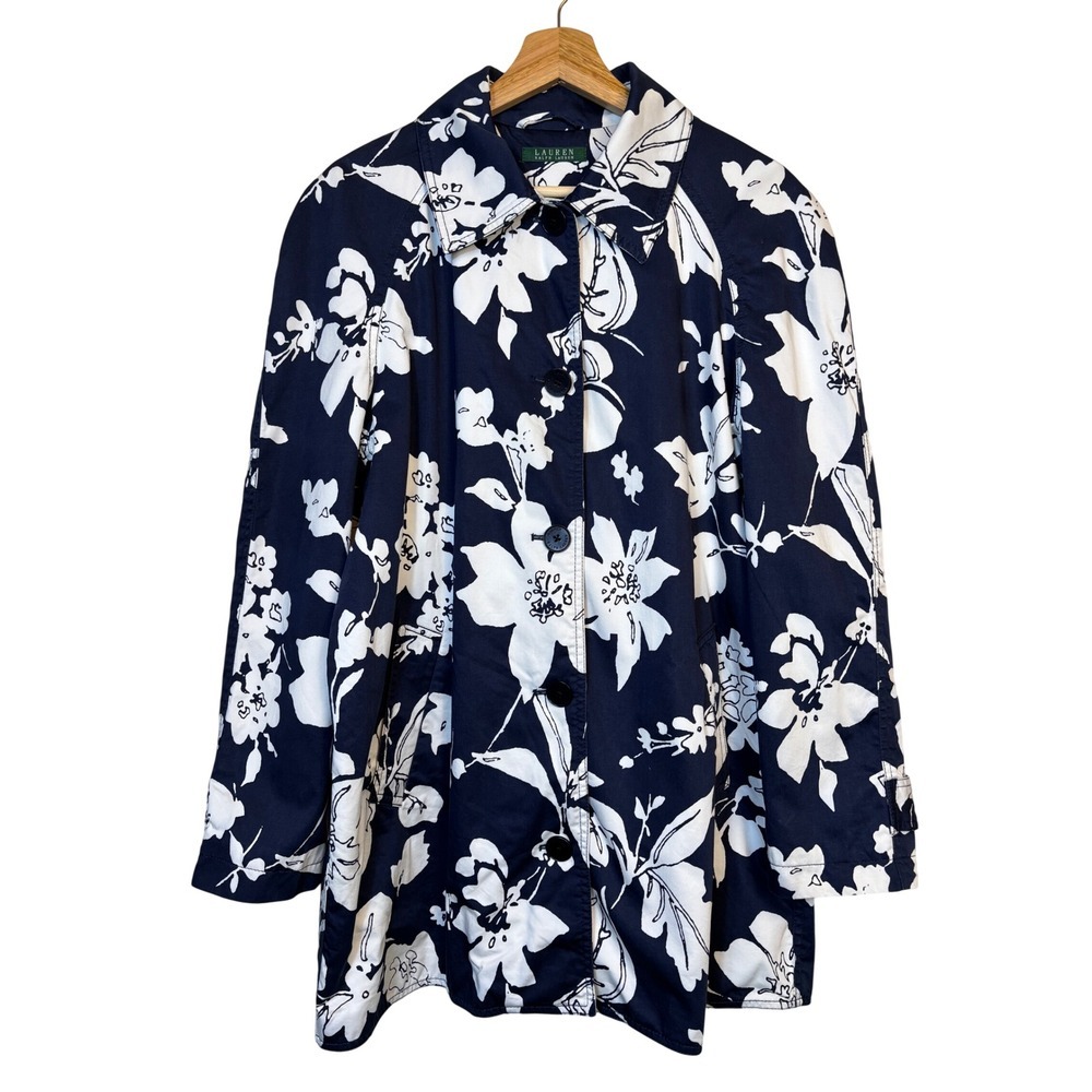 Lauren Ralph Lauren Floral Trench Coat Large Navy Blue Preppy Cotton Botanical